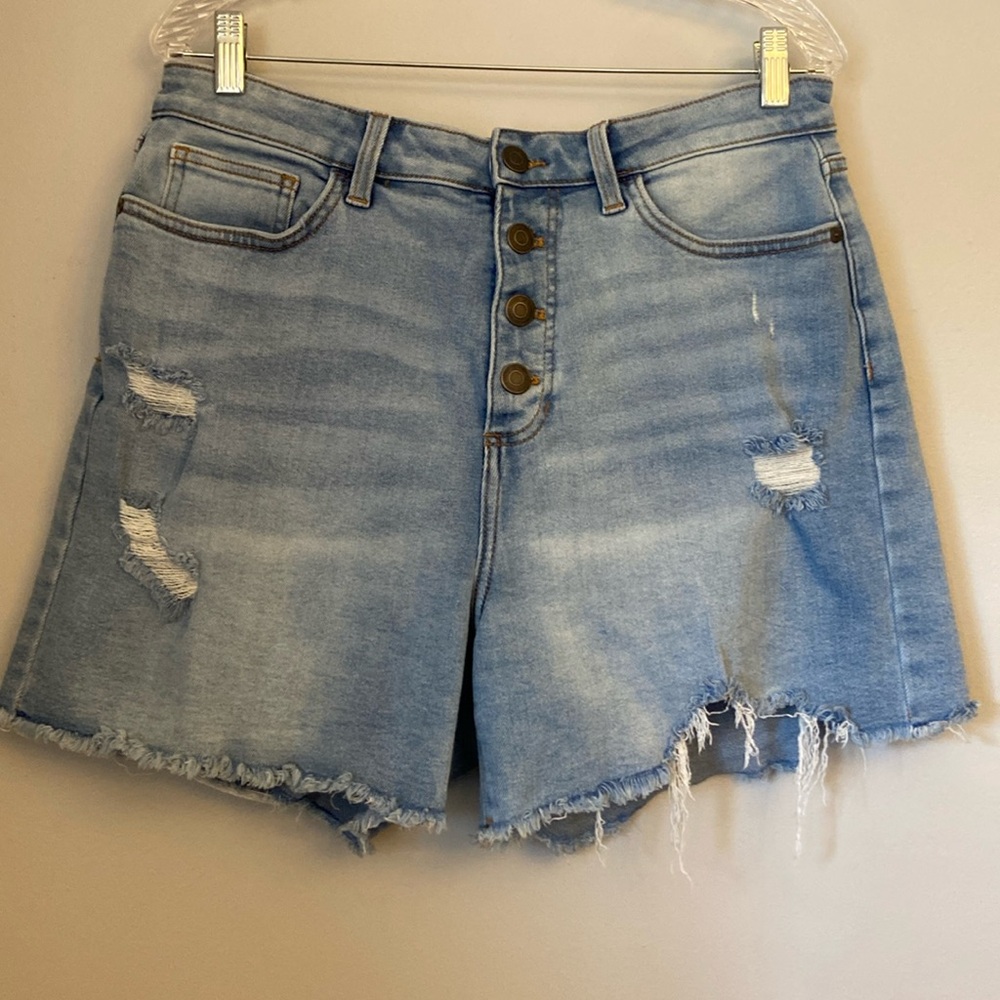 Light Blue Distressed Denim Shorts - Women
